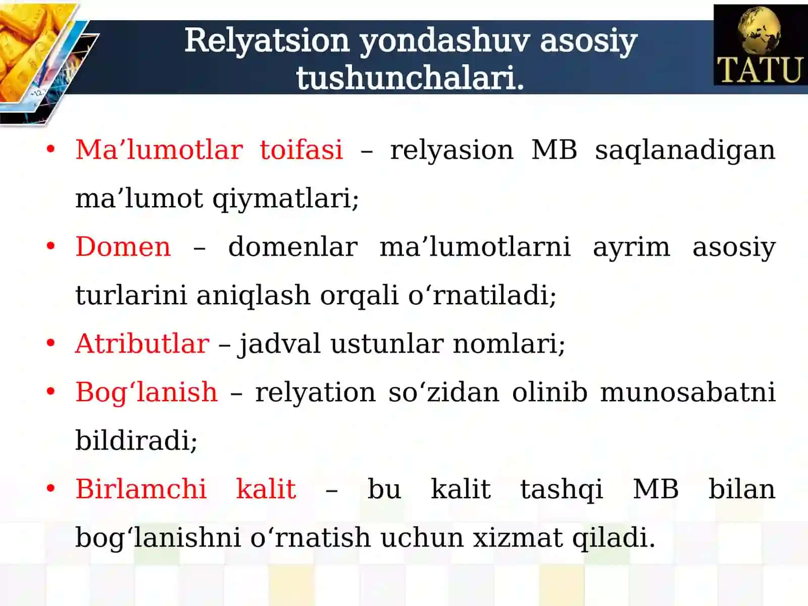 Ma’lumotlar modeli. Relyatsion ma`lulotlar bazasida munosabatlar 4