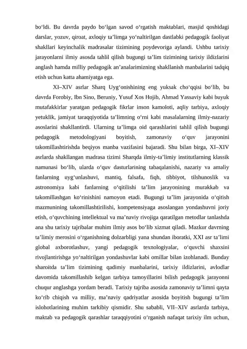 Pedagogika Nazariyasi va Tarixi Fanidan "VII-XIV Asrlarda Tarbiya, Maktab va Pedagogik Fikrlar" Mavzusidagi Kurs Ishi 4