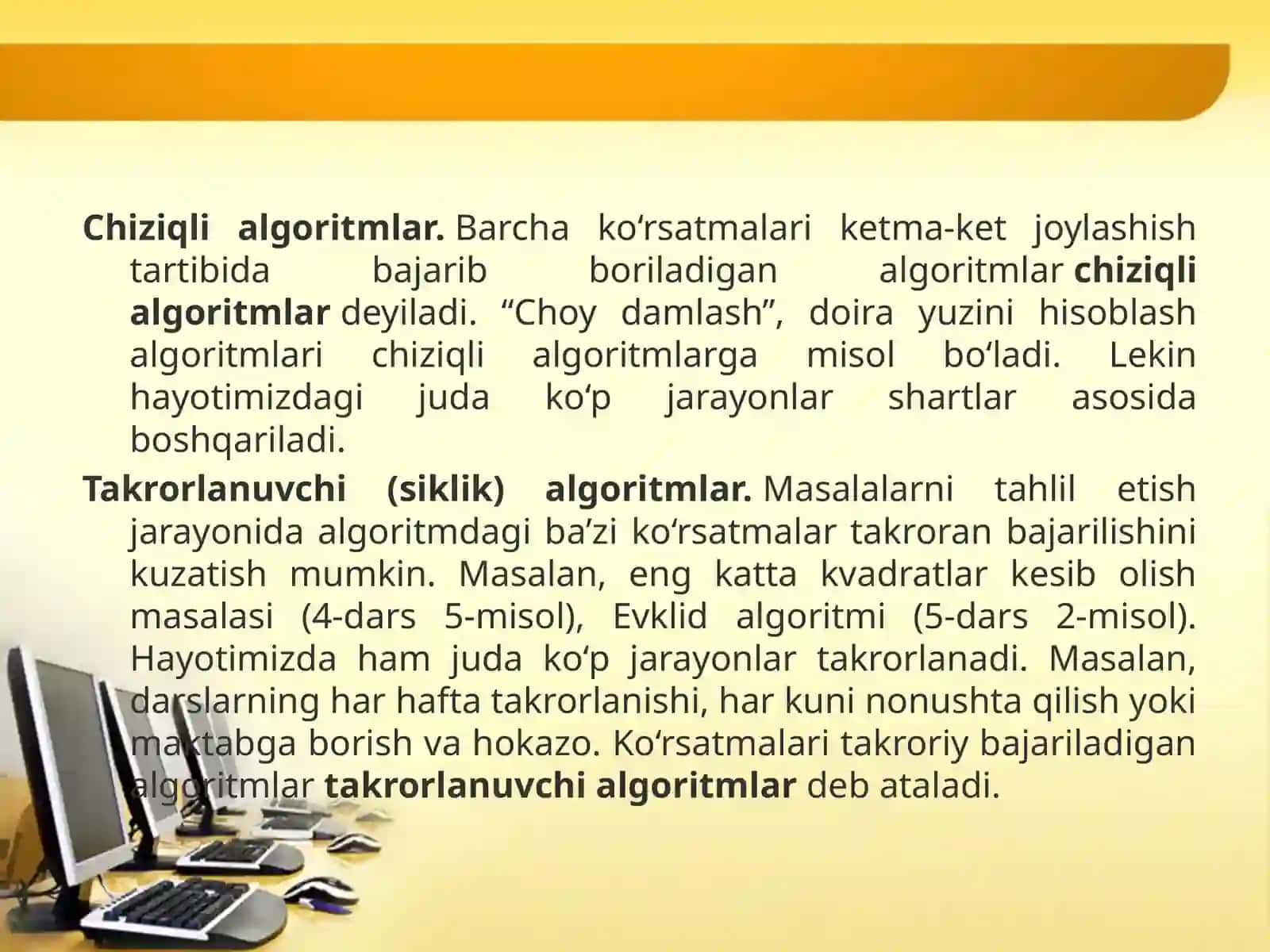 Chiziqli algoritmlar. Sikllar. Integrallarni taqribiy hisoblash usullari, samaradorligi. Matrisalarni ko‘paytirish. Determinantni hisoblash 4