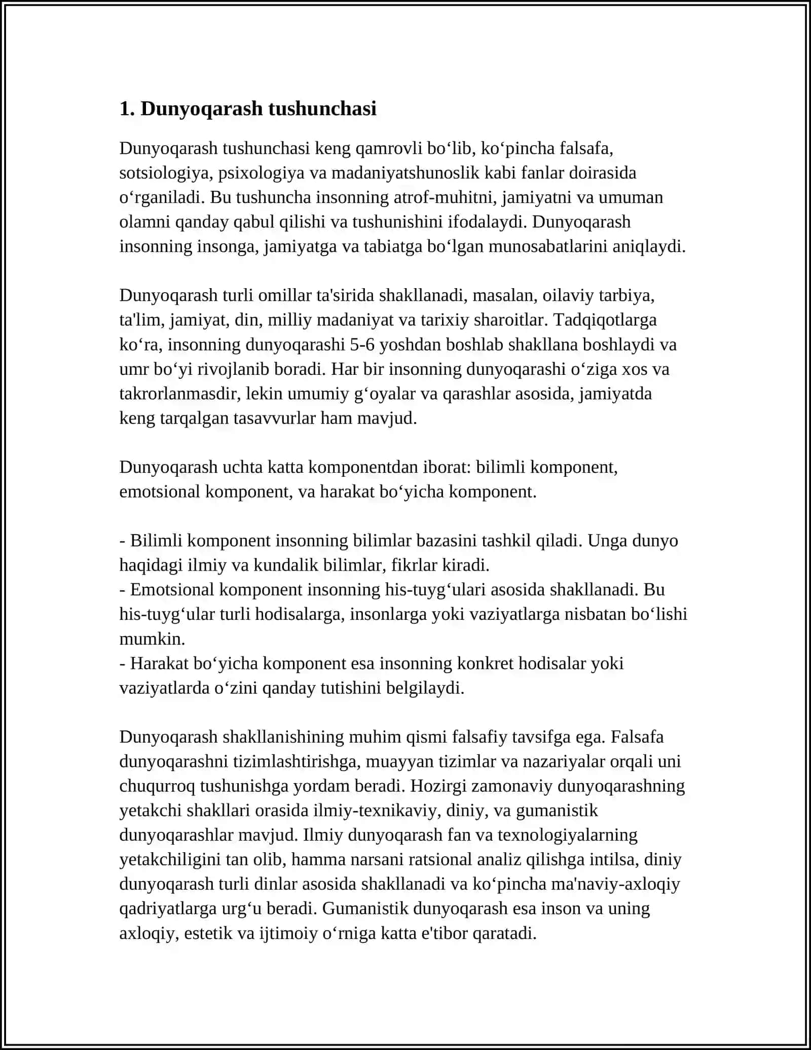 DUNYOQARASHNING MOHIYATI, TUZILISHI VA ASOSIY FUNKSIYALARI 4