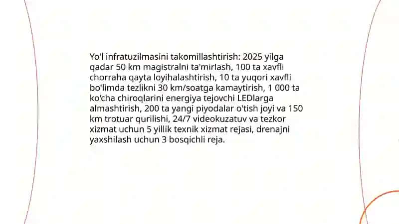 Yo'l harakati xavfsizligini oshirish bo'yicha chora-tadbirlar rejasini ishlab chiqish 4