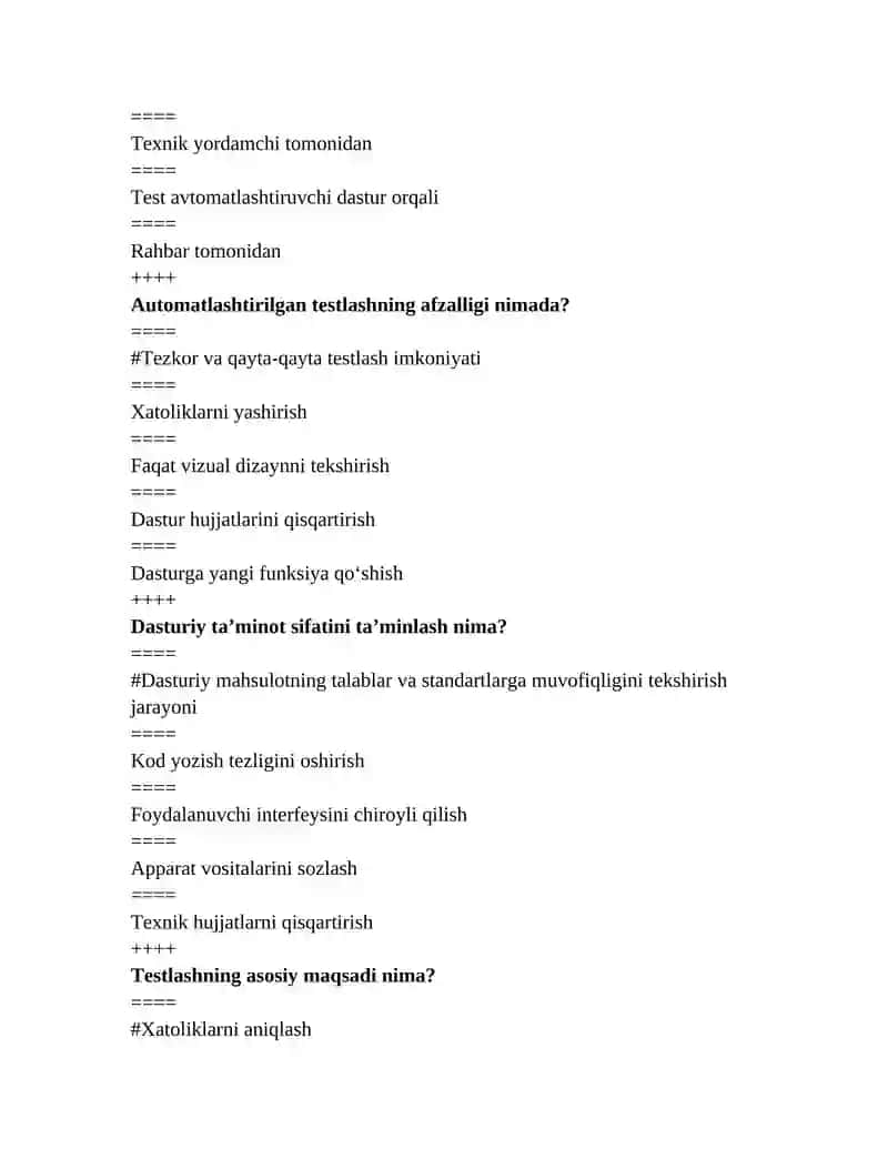 Dasturiy ta’minot sifatini ta’minlash fanidan 100 ta test savol 4