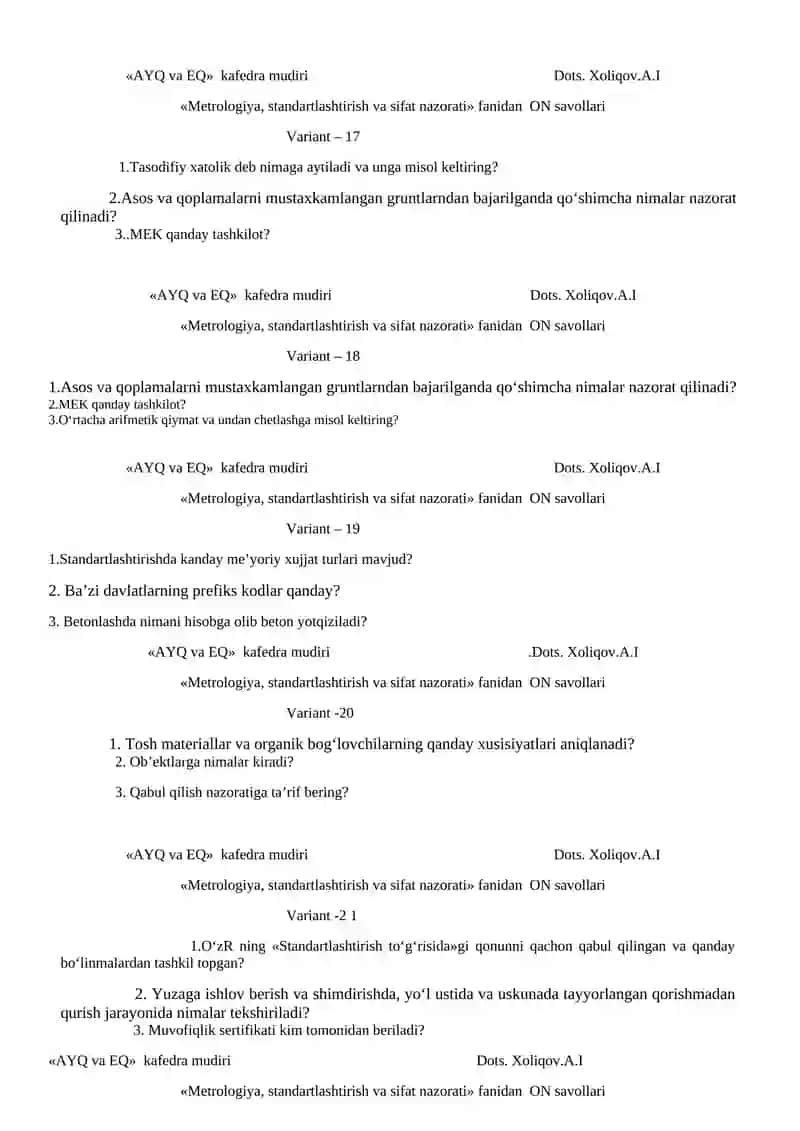 Metrologiya, standartlashtirish va sifat nazorati fanidan ON savollari 4