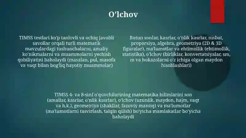 TIMS xalqaro baholash dasturida matimatikaga oid mazmun sohalari 4