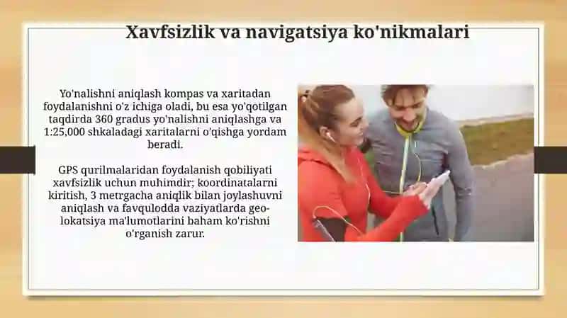 Sport sogʻlomlashtirish turizmida topografik bilimlar berish 4
