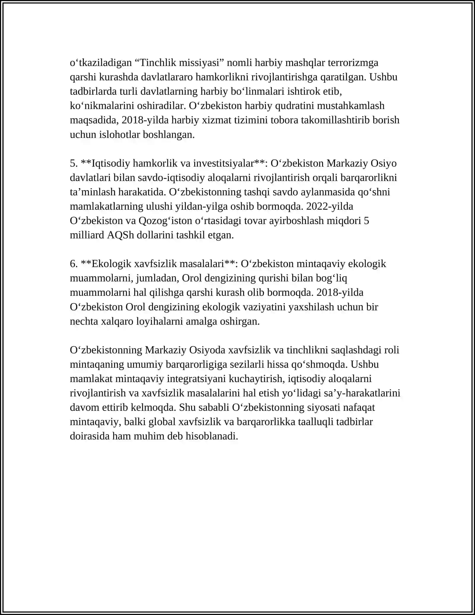 O'ZBEKISTONNING MARKAZIY OSIYODA TINCHLIK VA BARQARORLIKNI TA'MINLASHDAGI O'RNI 4