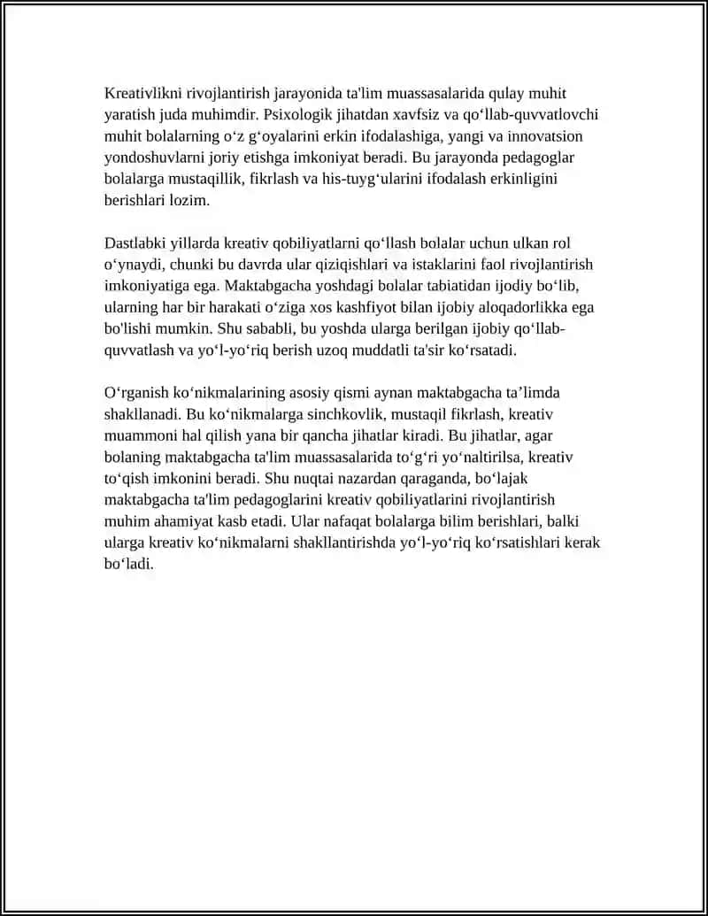 BO'LAJAK MAKTABGACHA TA'LIM PEDAGOGLARINI KREATIV QOBILIYATLARINI RIVOJLANTIRISH MAZMUNI 4