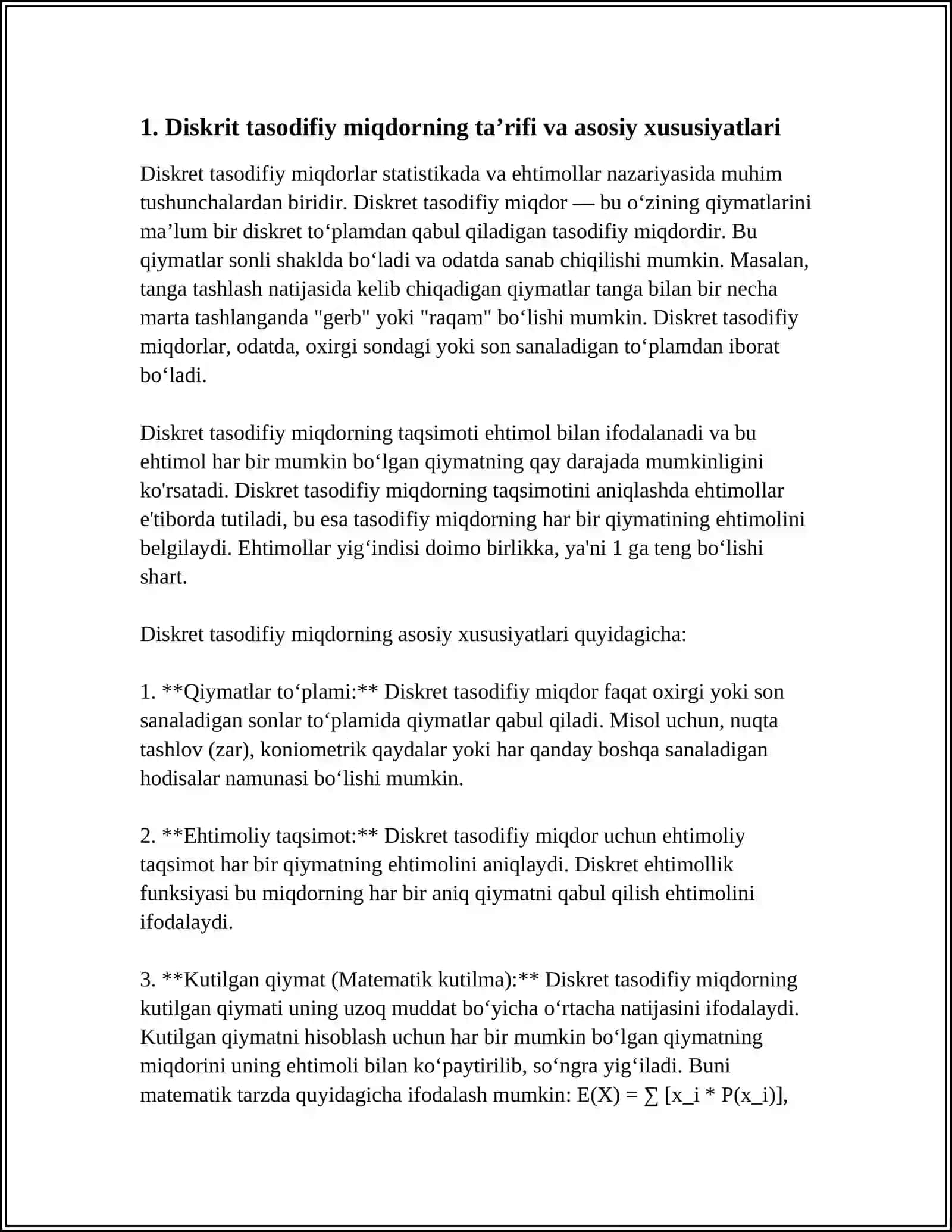 DISKRIT TASODIFIY MIQDOR VA UNING TAQSIMOT QONUNI 4