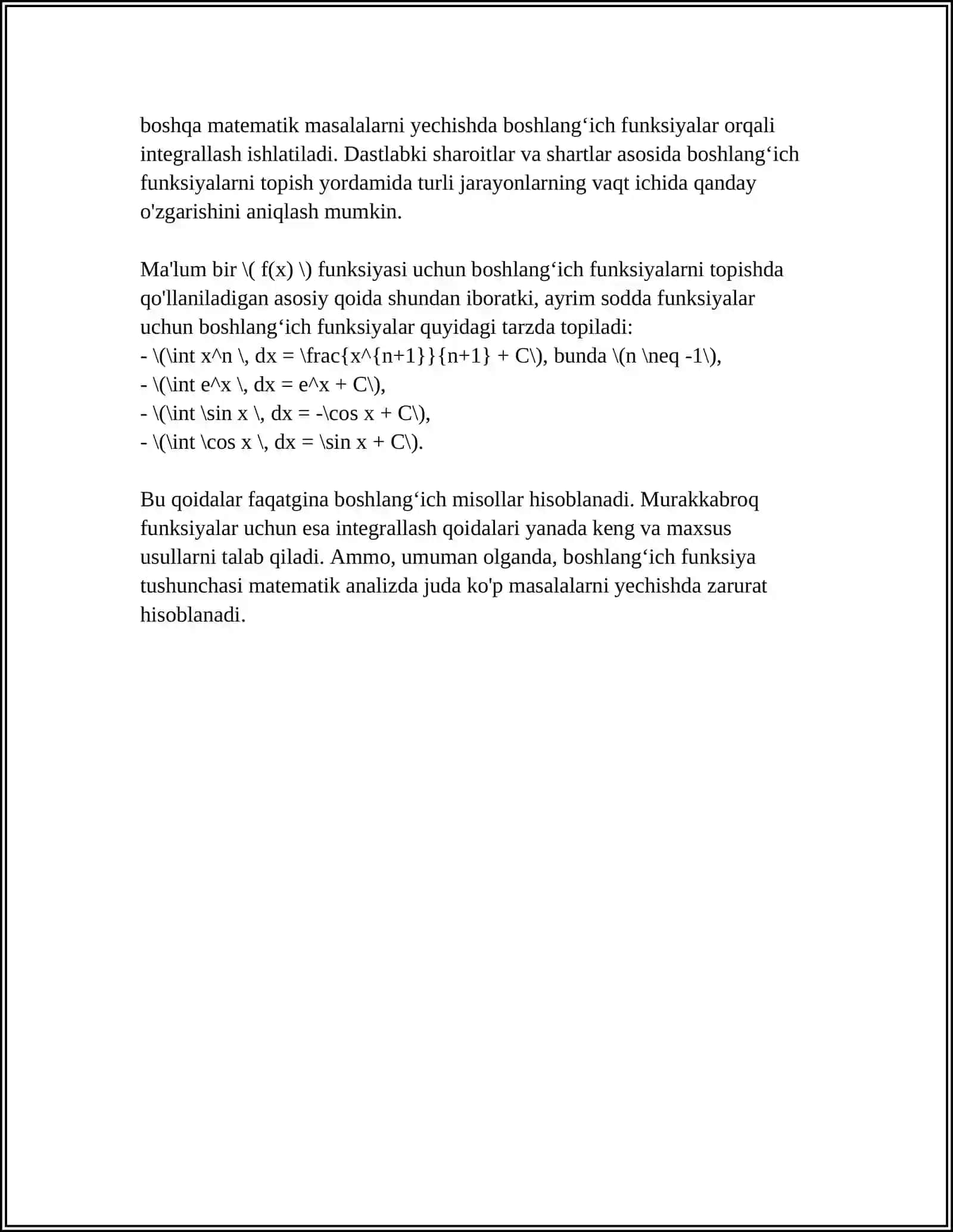BOSHLANGʻICH FUNKSIYA VA ANIQMAS INTEGRALNING TARTIBI XOSSALARI ANIQMAS INTEGRALLAR JADVALI.INTEGRALLASHNING ASOSIY USULLARI.OZGARUVCHINI ALMASHTIRISH VA BOʻLAKLAB INTEGRALLASH 4