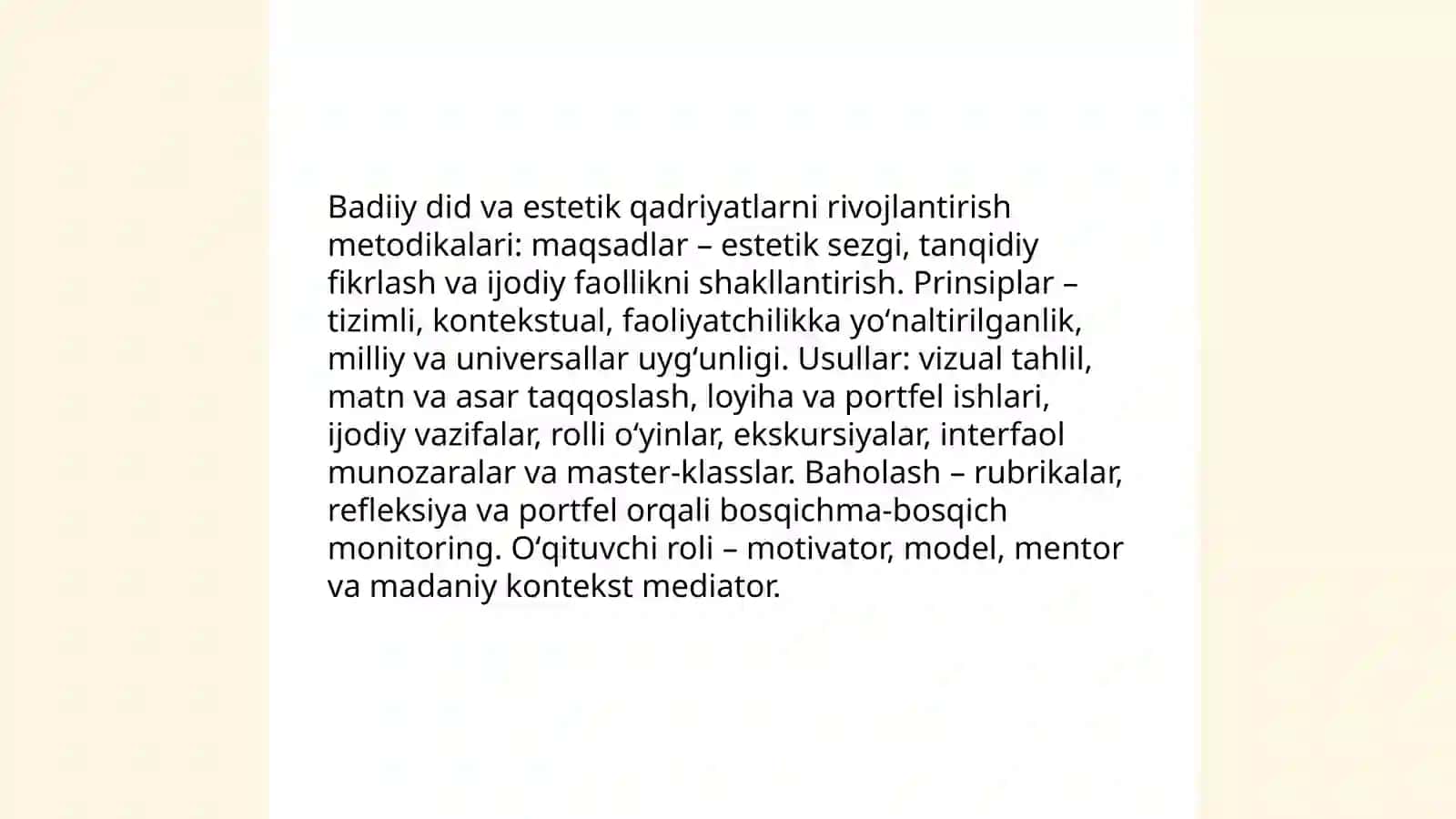 Talabaning badiiy madaniati asoslarini badiiy shakllantirish mazmuni Xolmurodova Gulshoda 4