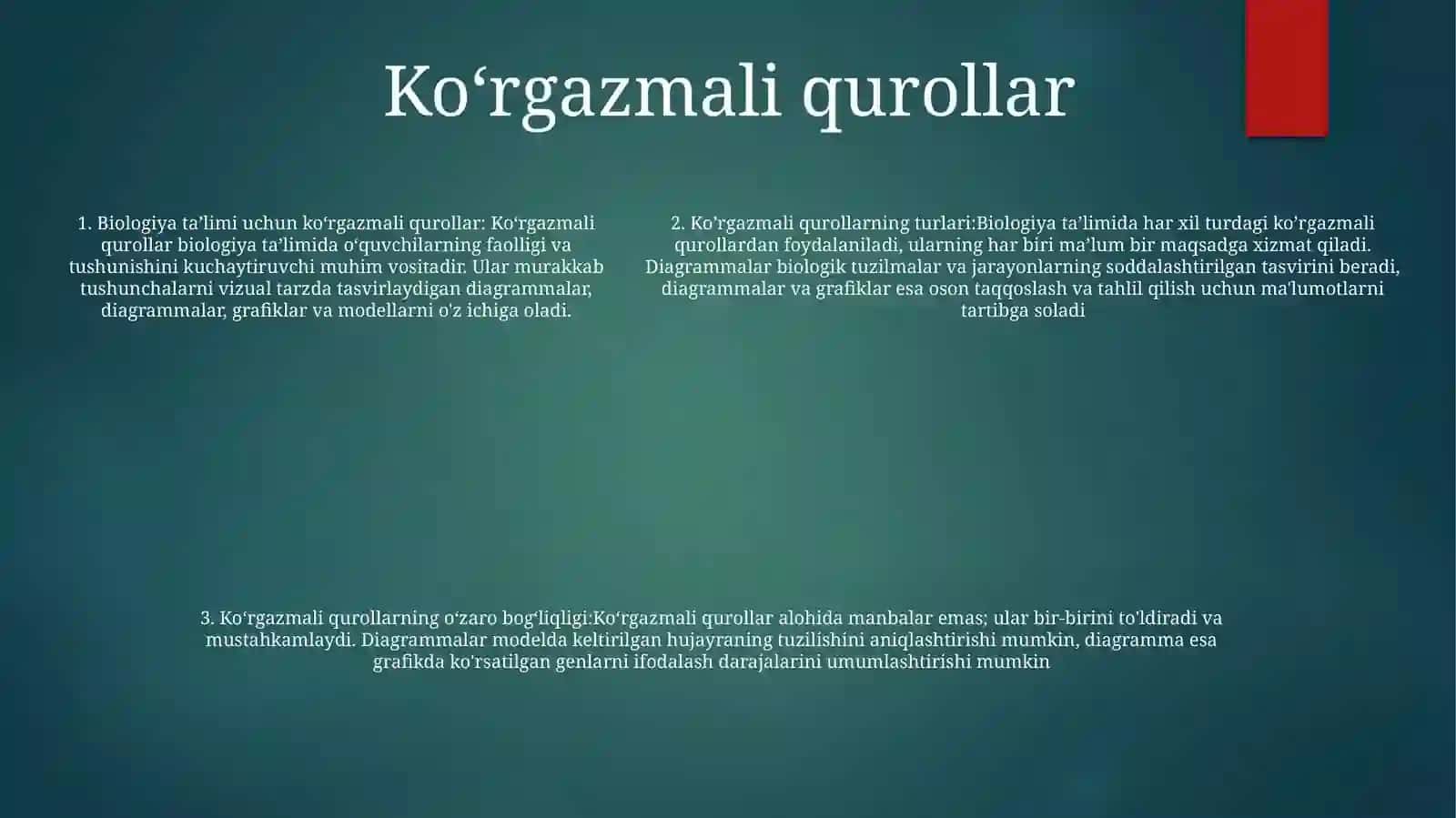 Biologiya OʻQitish Vositalarining Turlari Va Ularning OʻZaro BogʻLiqligi 4