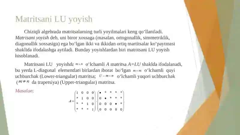 Matritsalarni LU, LDU yo'yiylmalar va ularning determinantni hisoblash 4
