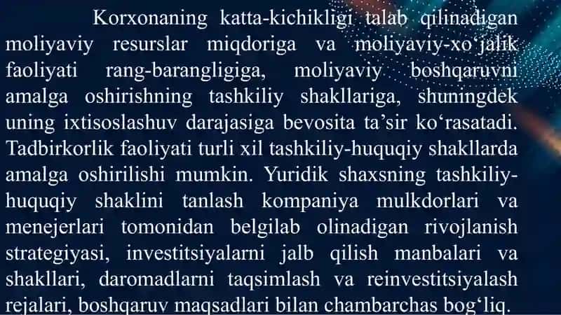 MOLIYAVIY MENEJMENTNI TASHKIL ETISH MEXANIZMI VA KORXONALARDA TASHKILIY XUSUSIYATLARI. 4