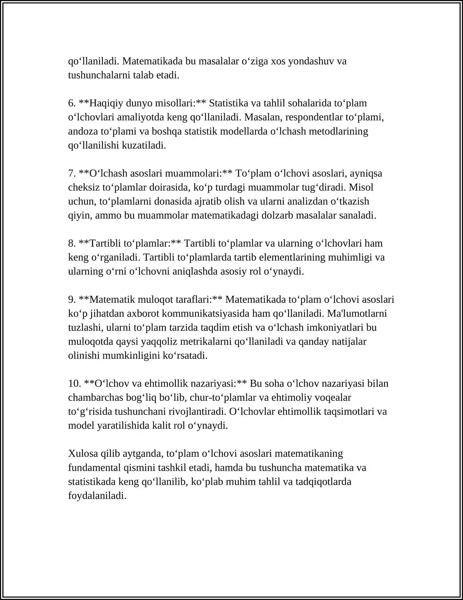 TO‘PLAM O‘LCHOVI.TEKISLIKDA ELEMENTAR TO‘PLAMLAR VA ULARNING O‘LCHOVI.LEBEG O‘LCHOVI VA UNING XOSSALARI 4