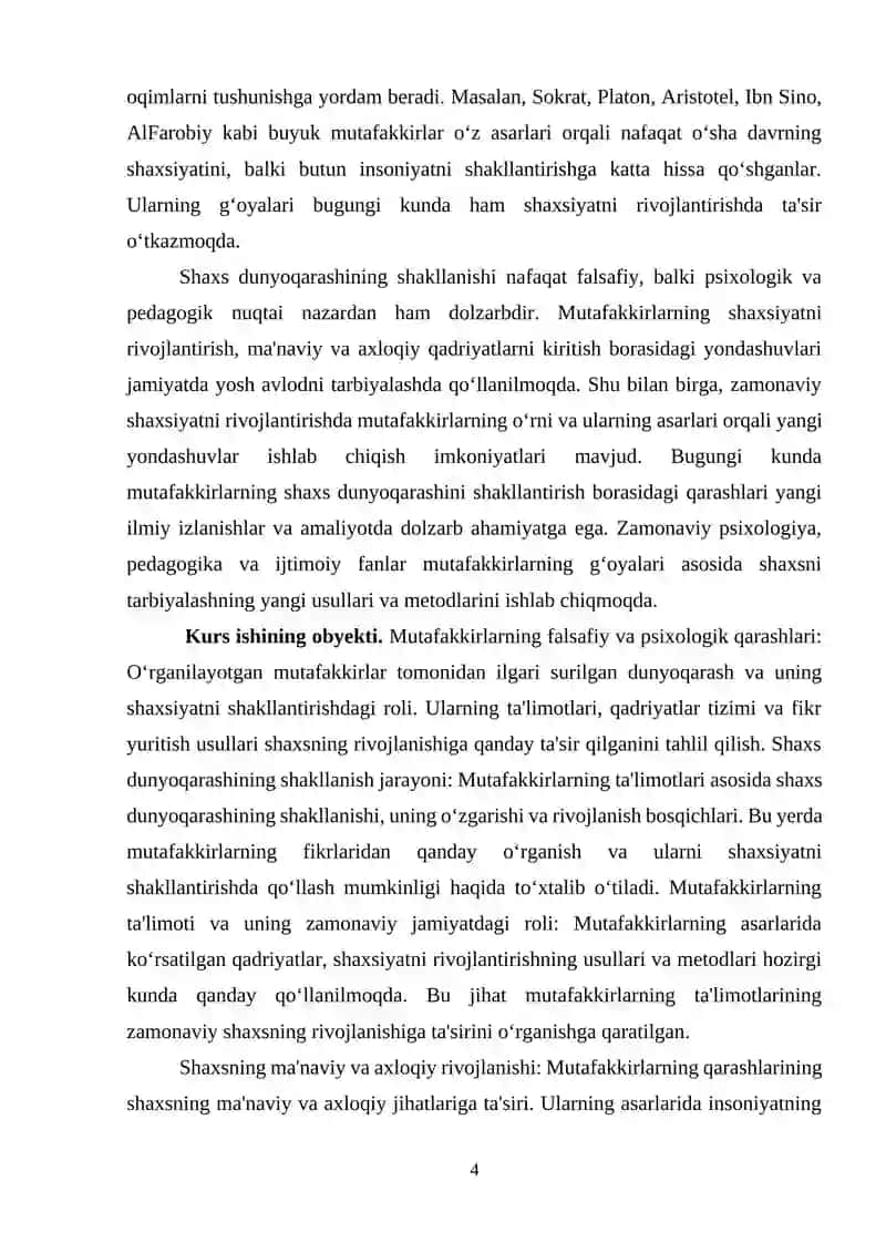 KURS ISHI "Mutafakkirlarning shaxs dunyoqarashini shakllantirish borasidagi qarashlari" 4