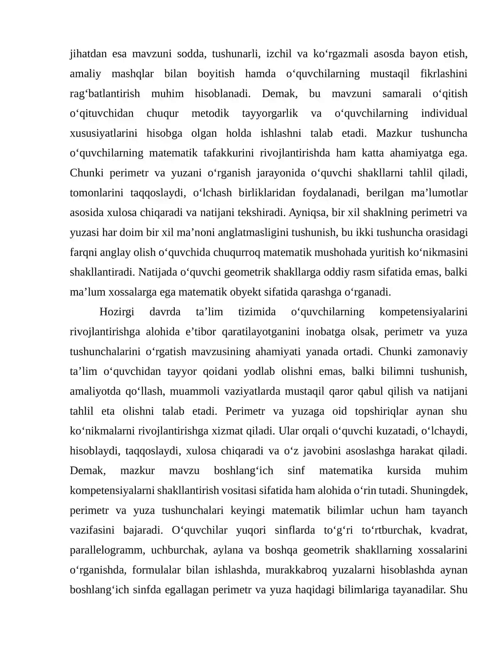 BOSHLANG‘ICH SINFLARDA PERIMETR VA YUZA TUSHUNCHALARINI O‘RGATISH METODIKASI 4