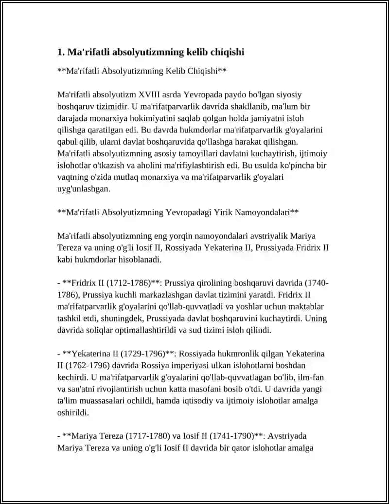 G‘ARBIY YEVROPA MAMLAKATLARIDA “MA’RIFATLI ABSOLYUTIZM” TUZUMI VA UNING AMALIY KO‘RINISHI 4