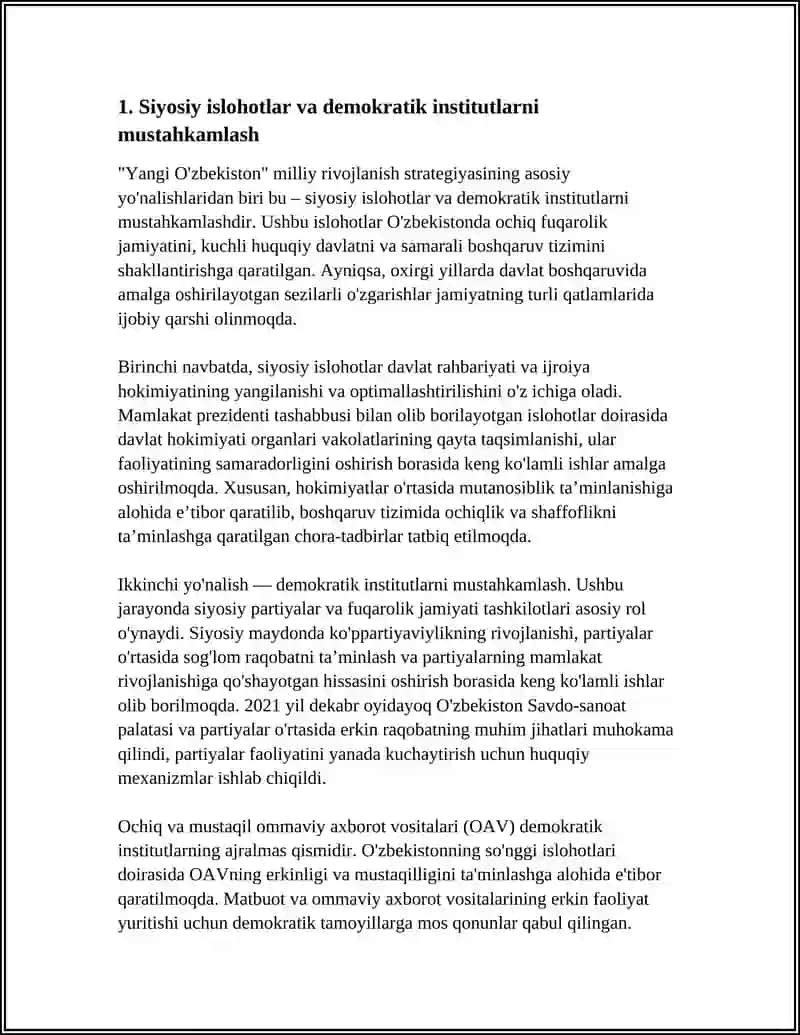 YANGI O'ZBEKISTON AMALGA OSHIRILAYOTGAN ISLOHOTLAR 4