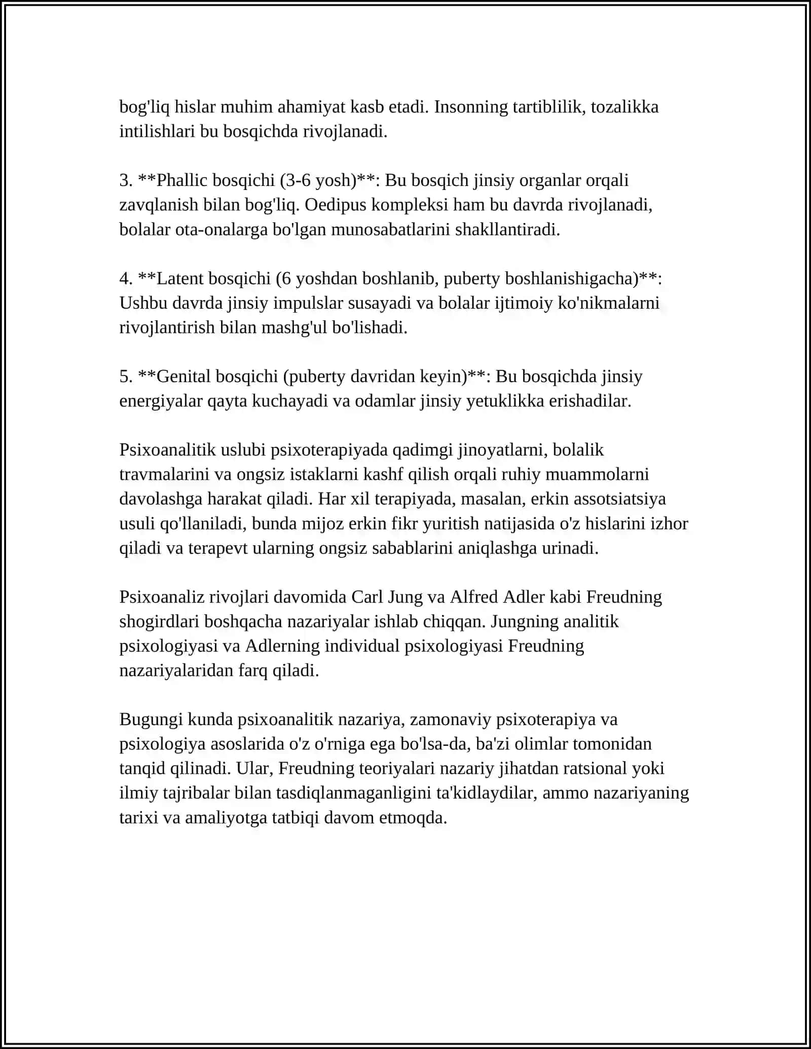 PSIXOANALITIK YOʻNALISHDA SHAXSNING OʻRGANILISHI HAQIDA ESSE YOZISH 4