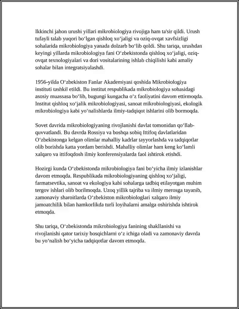 O‘ZBEKISTONDA MIKROBIOLOGIYA FANINING RIVOJLANISH BOSQICHLARI VA DARAJASI 4