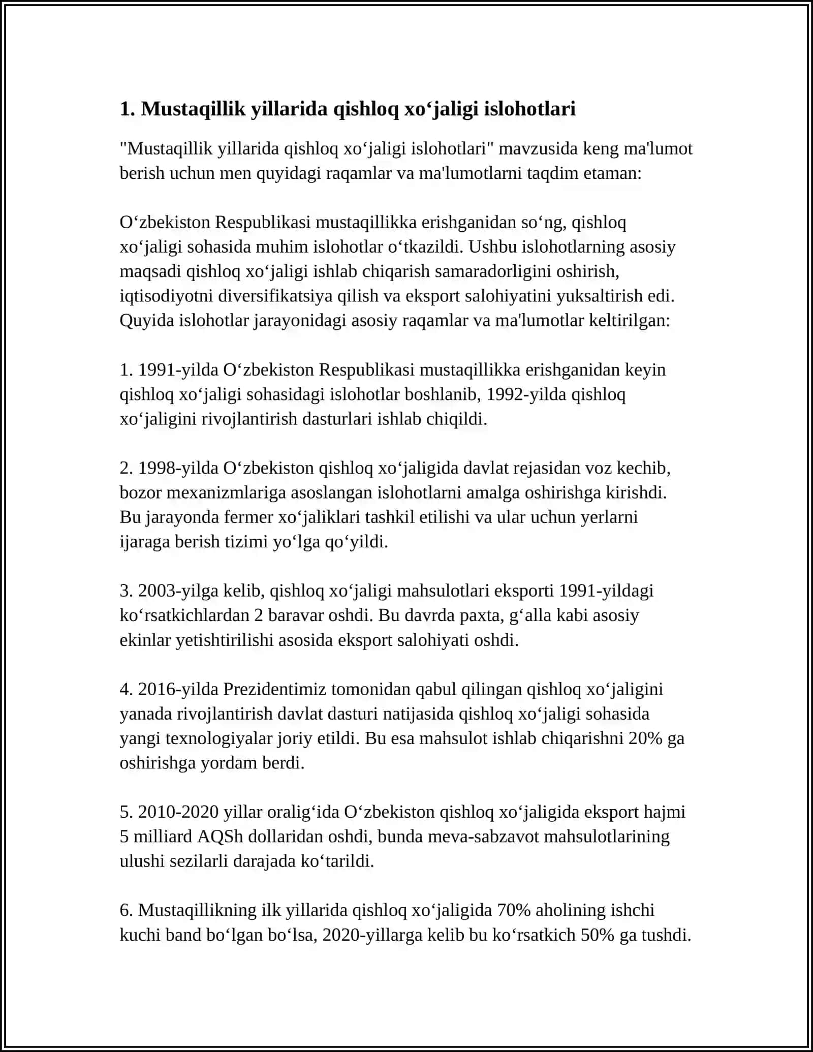 MUSTAQILLIK YILLARIDA QISHLOQ XO‘JALIGI VA SANOAT SOHASIDAGI O‘ZGARISHLAR 4