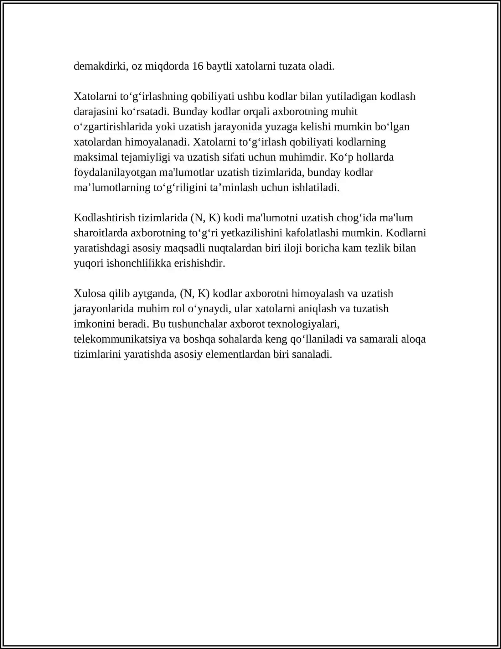 ( N,K ) KODLARINI TUZISH TAMOYILLARI 4