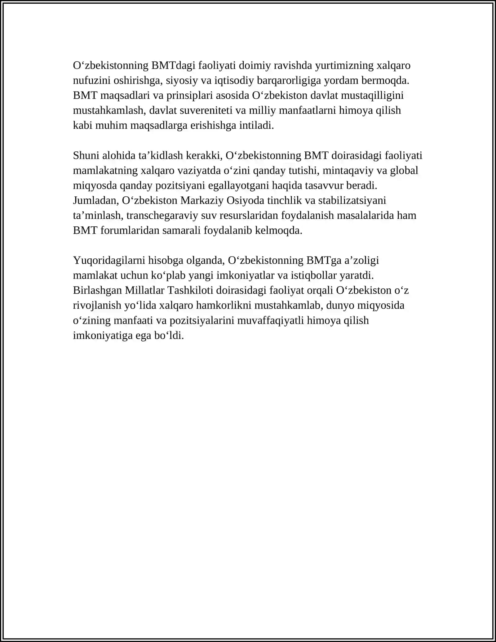 O‘zbekiston Respublikasining BMTga Aʼzo Bo‘lishi Haqida 4