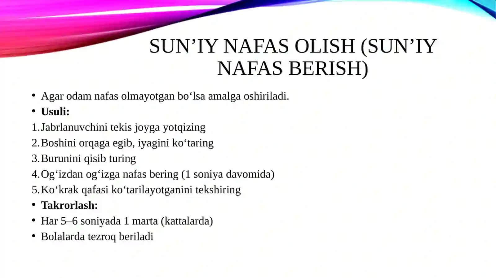 Kechiktirib bulsaydigan xolatlarda 1-yordam ko’rsatish. Sun’iy navas olish va yurakni bilvosita massaj qilish chuntak ingalyatorlaridan tug’ri foydalanish 4
