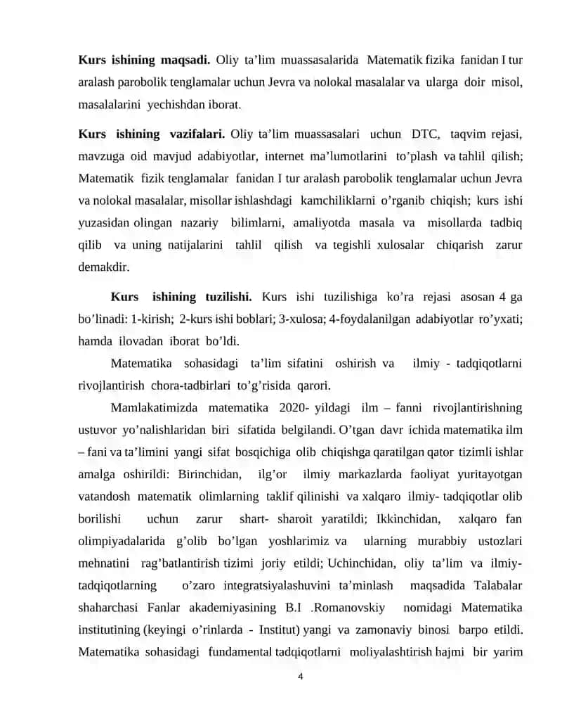 I TUR ARALASH PAROBOLIK TENGLAMALAR UCHUN JEVRA VA NOLOKAL CHEGARAVIY MASALALAR 4