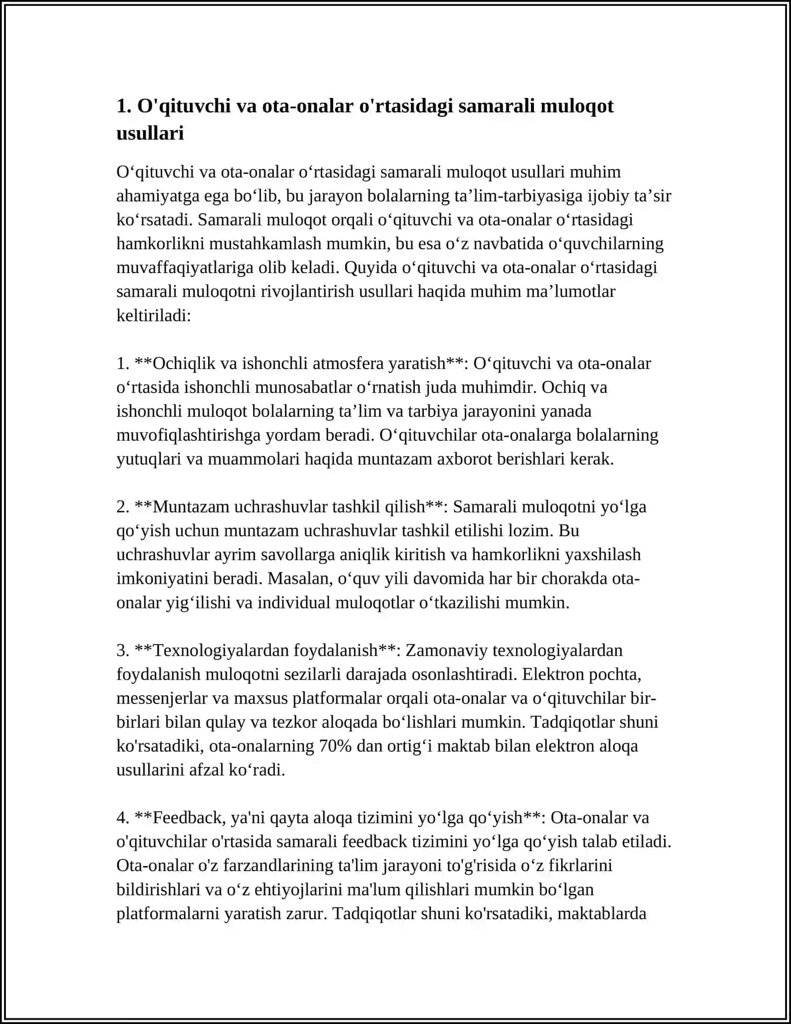 O'QITUVCHI - OTA - ONA TIZIMIDAGI MULOQOT MEYORLARI VA TALABLARI 4