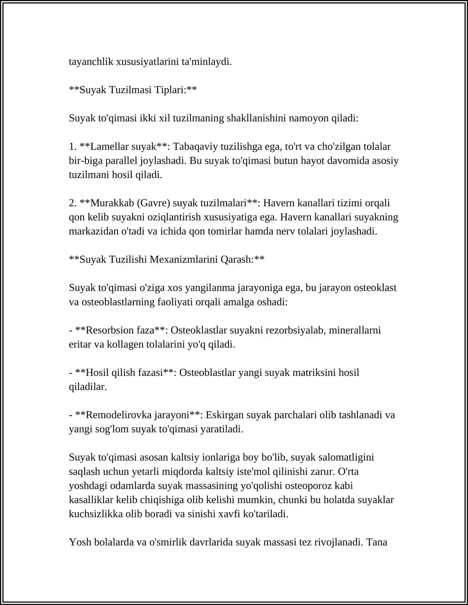 SUYAK TOQIMASI.SUYAK TOQIMASINING MEZINXEMA VA TOGAY TOQIMASI ORNIDA RIVOJLANISH XUSUSIYATLARI.SUYAKLANISH TURLARI 4