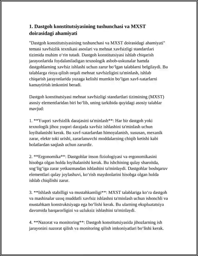 XAVFSIZLIK TEXNIKASI ASOSLARI. MEHNAT XAVFSIZLIGI STANDARTLARI TIZIMI(MXST)DASTGOH KONSTITUTSIYASINING XAVFSIZLIK SHARTLARI 4