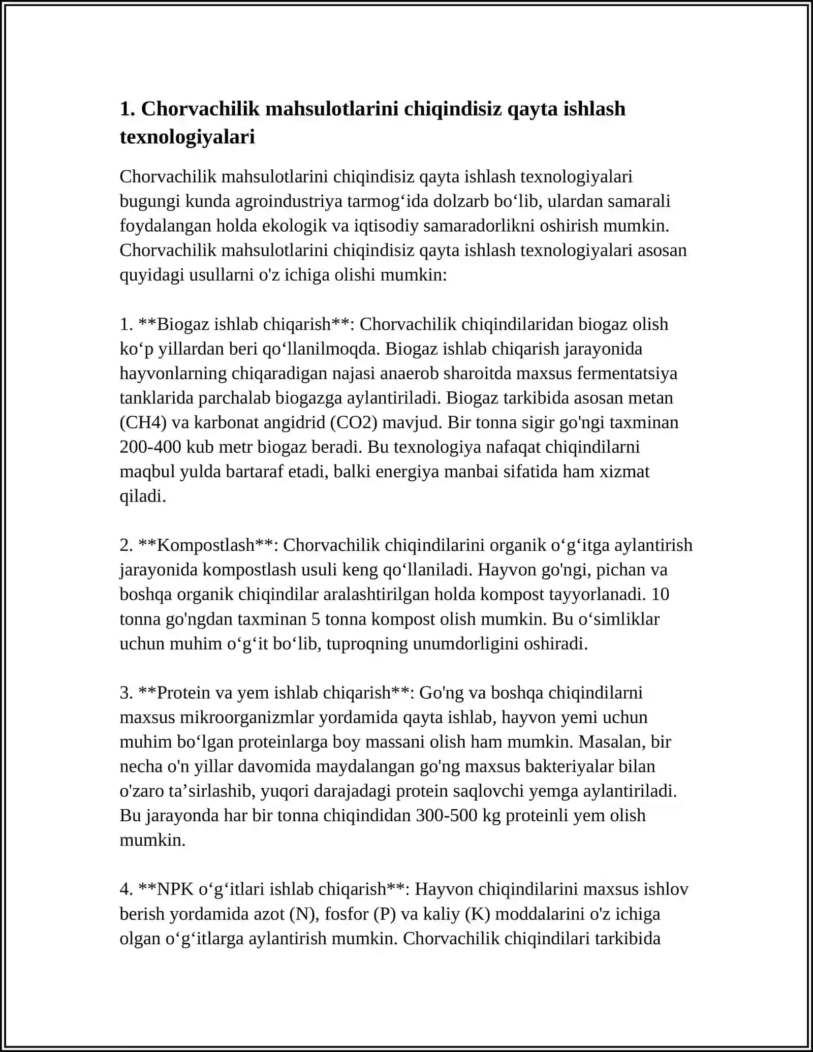 CHORVACHILIK MAHSULOTLARINI CHIQINDISIZ QAYTA ISHLASH TEXNOLOGIYALARI 4