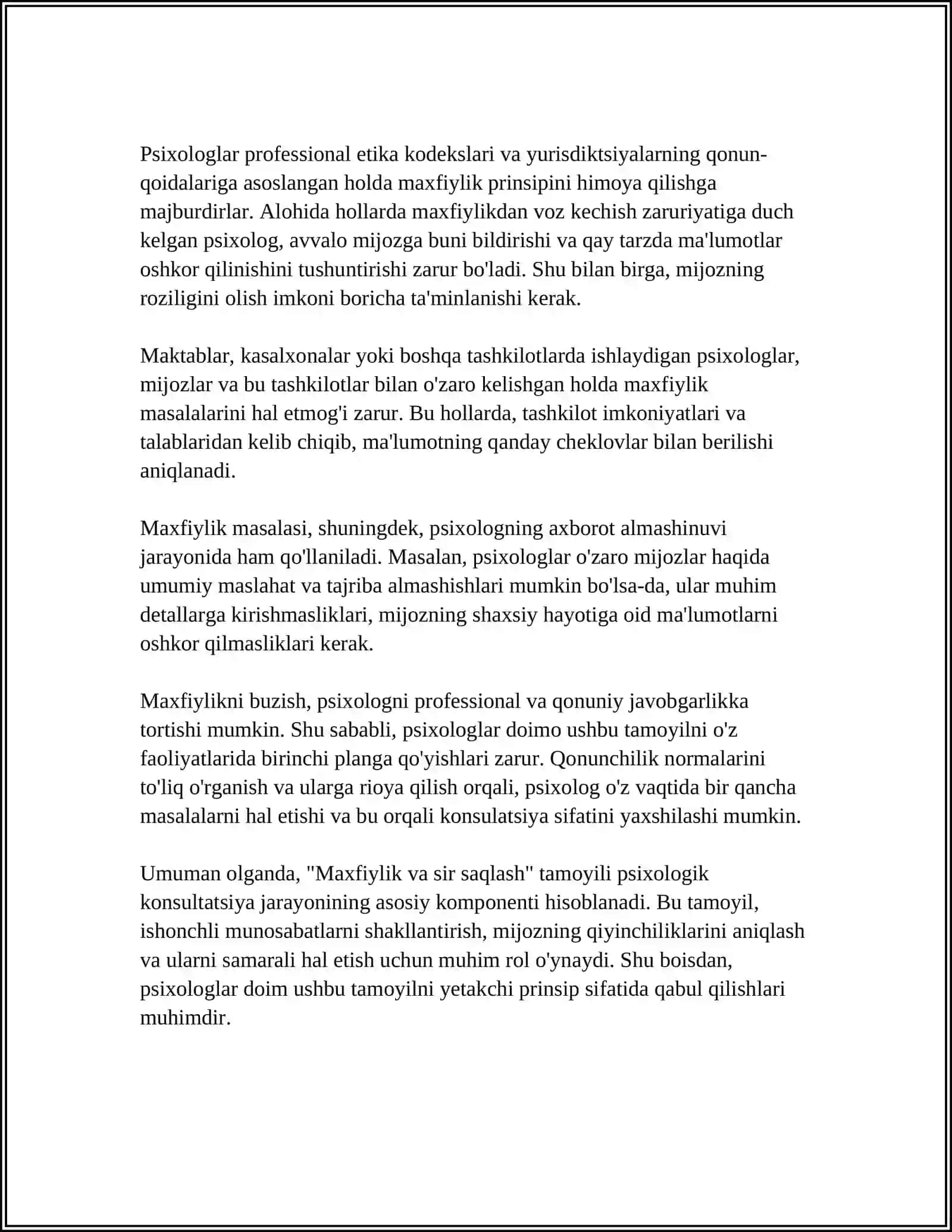Maxfiylik va sir saqlash (Psixologik Konsultatsiyaning Muhim Tamoyillari) 4
