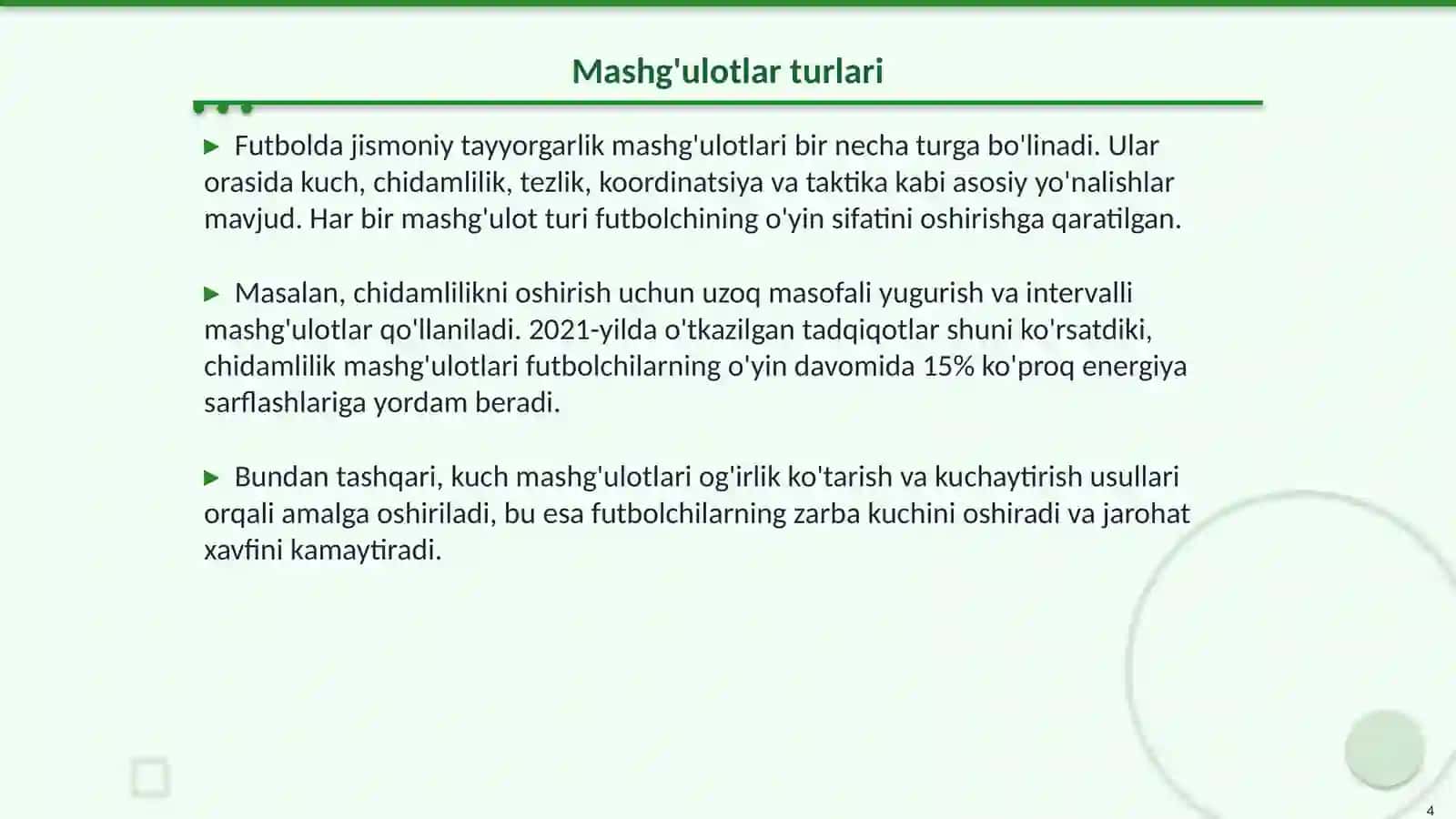 Fudbol uyinini. Maxsus jismoniy tayyorgarlik mashg'uloti 4