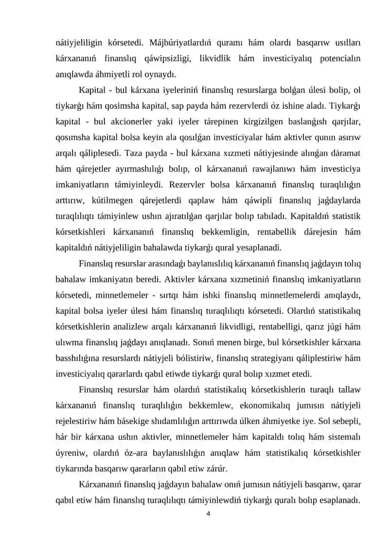 Finanslıq resurslardıń tiykarg‘ı statistikalıq ko‘rsetkishleri hám kárxananıń finanslıq jaǵdayı 4