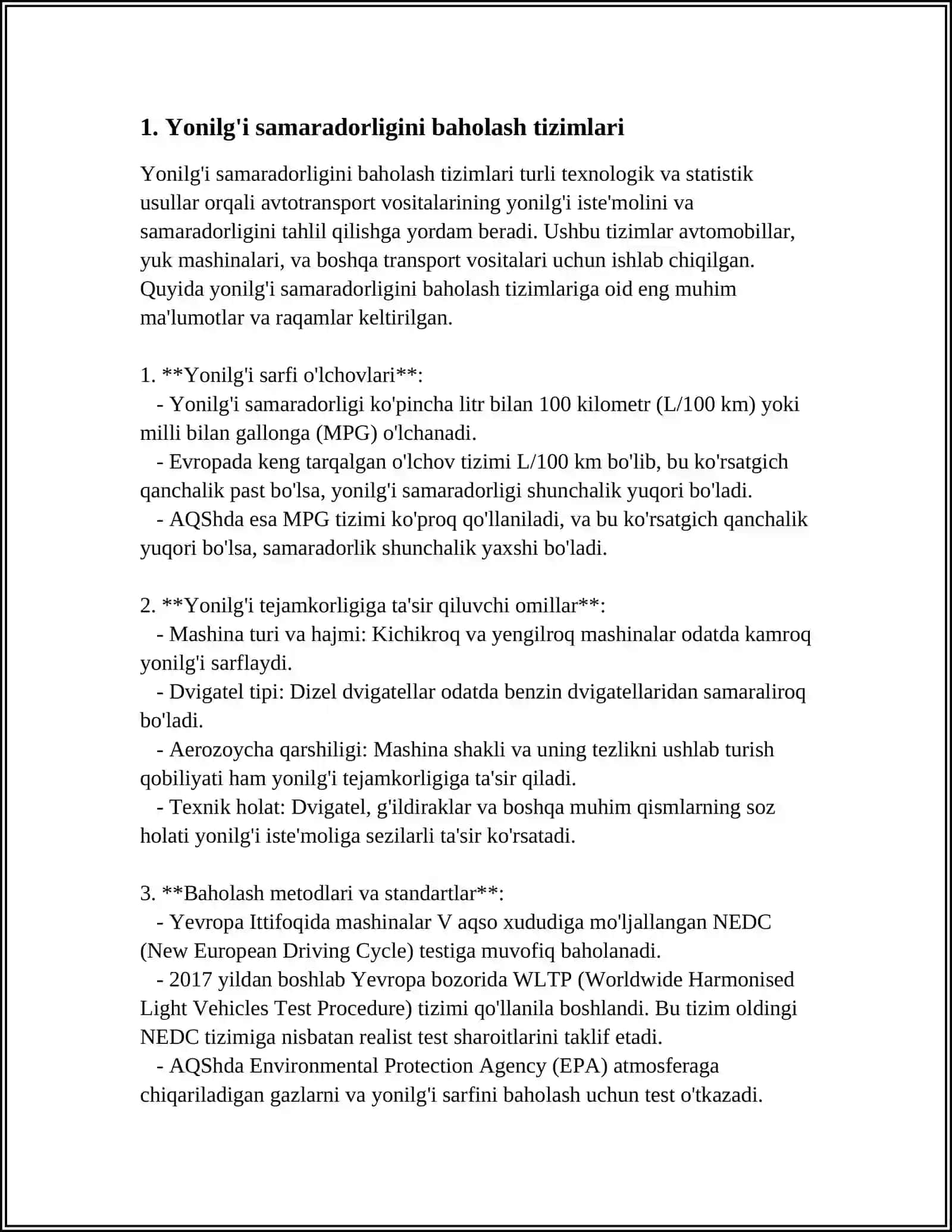 AVTOMABIL QUVVATI, YONILG’I TEJAMKORLIGI VA TASHQI MUHITGA TA’SIRI BÕYICHA UMUMIY DIAGNOZ QÕYISH TEXNALOGIYASI 4