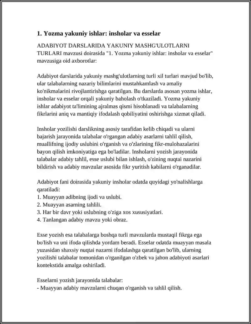 ADABIYOT DARSLARIDA YAKUNIY MASHG'ULOTLARNI TURLARI 4