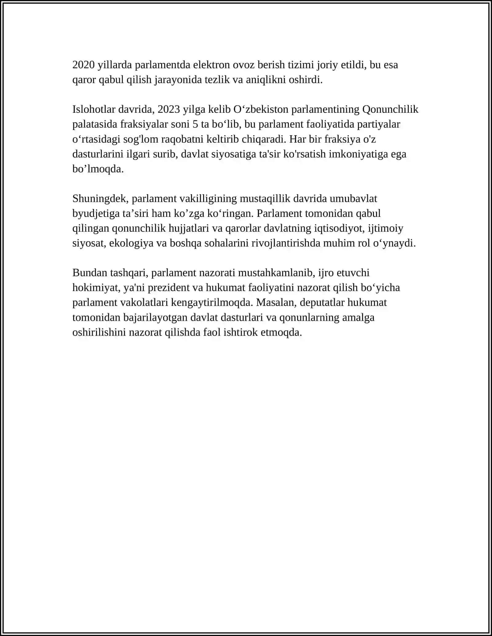 O'zbekistonda Parlament Sohasida Amalga Oshirilgan Ishlohlar 4