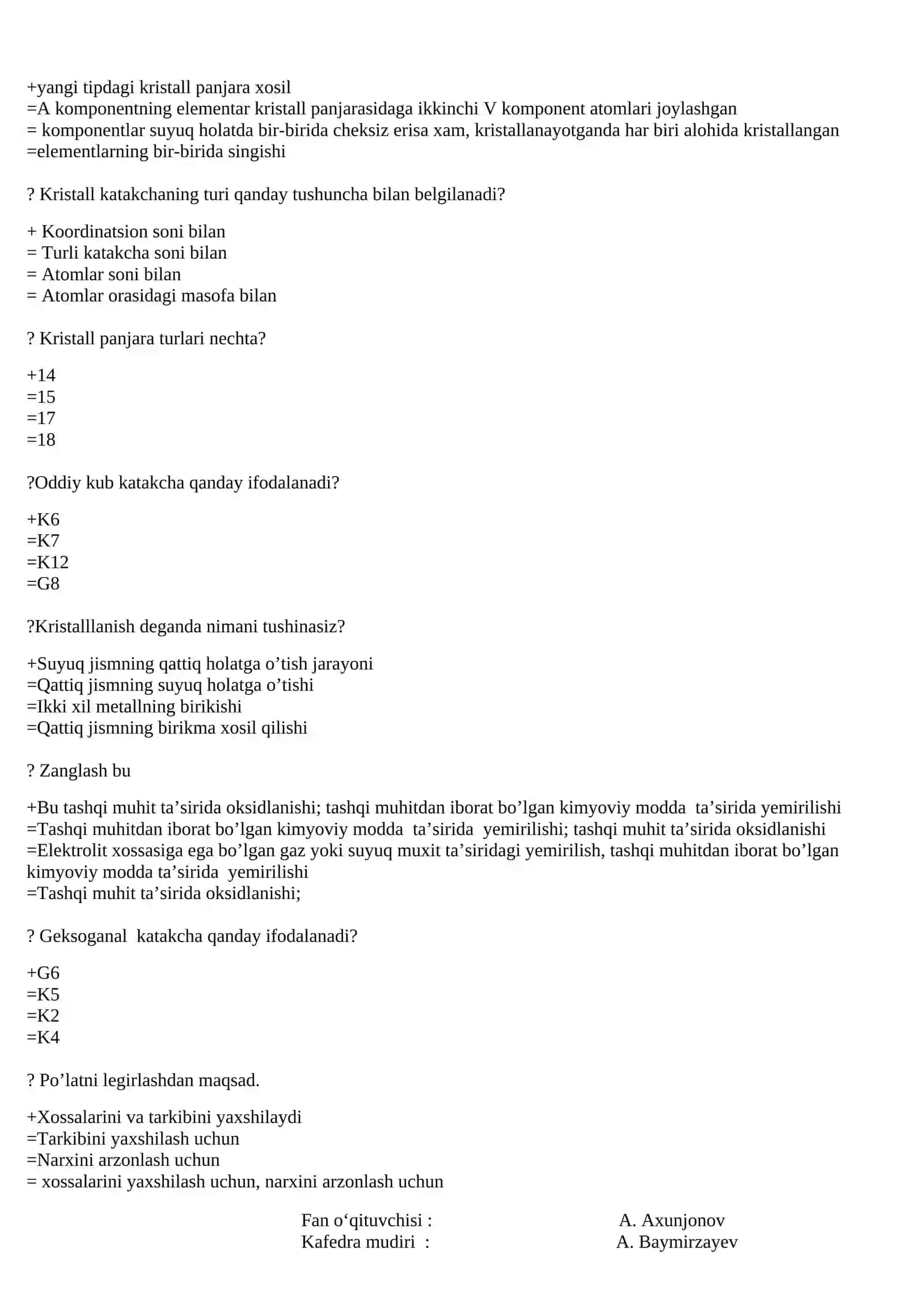 Mashinasozlik materiallari fanidan nazorat test savollari 4