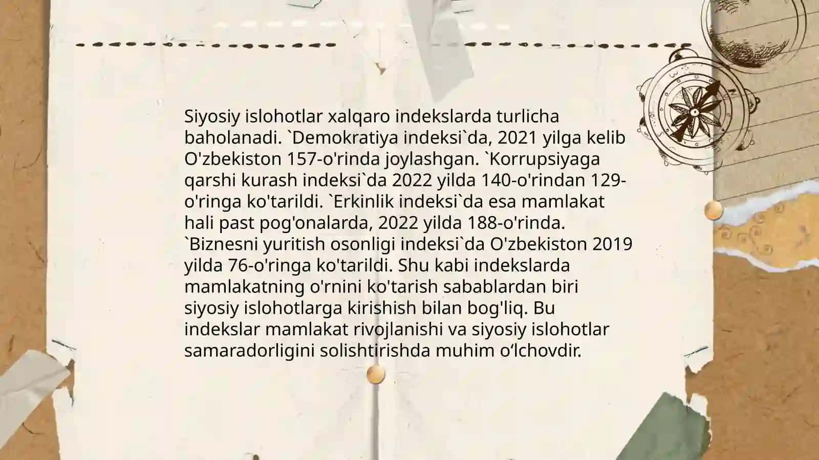 Yangi O'zbekistonda ijtimoiy-siyosiy iqtisodiy va madaniy hayotida ro'y berayotgan o'zgarishlarning xalqaro reyting va indekslarida aks etishi 4