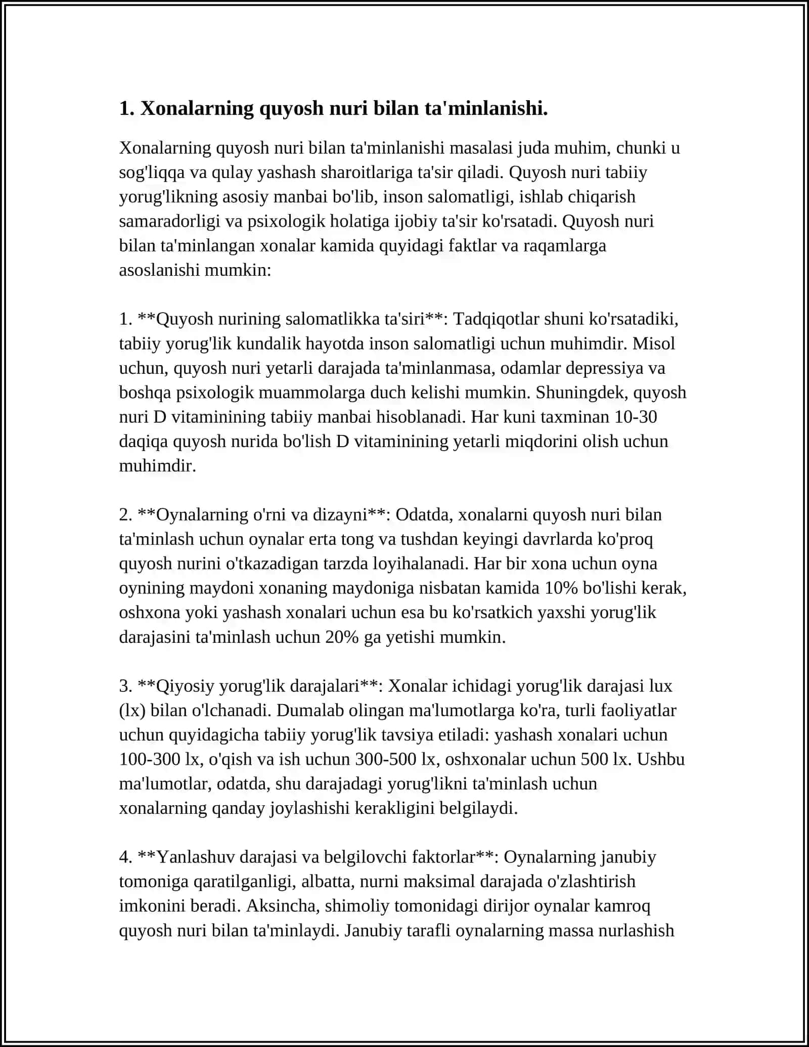XONALARNING INSOLYATSIYASI HAQIDA TUSHUNCHA, UNING AHAMIYATI. XONALARNING TABIIY YORUG'LIGINI BELGILOVCHI OMILLAR 4
