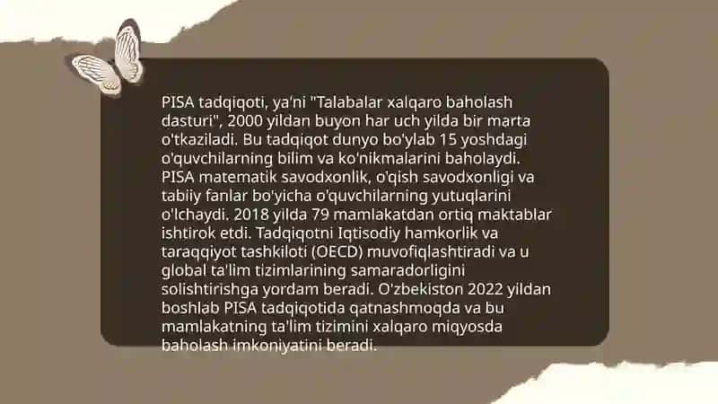 Pisa tadqiqoti haqida umumiy ma'lumot.Pirls tadqiqotlarida o'qish savodxonligi.Matematik savodxonlik talqini va uni tashkil qiluvchi aqliy faoliyat turlari 4