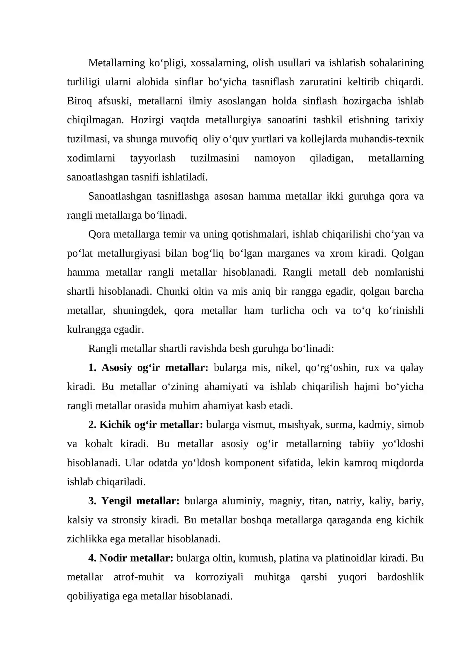 Metallarni tasniflanishi va texnikada ishlatilishi 4
