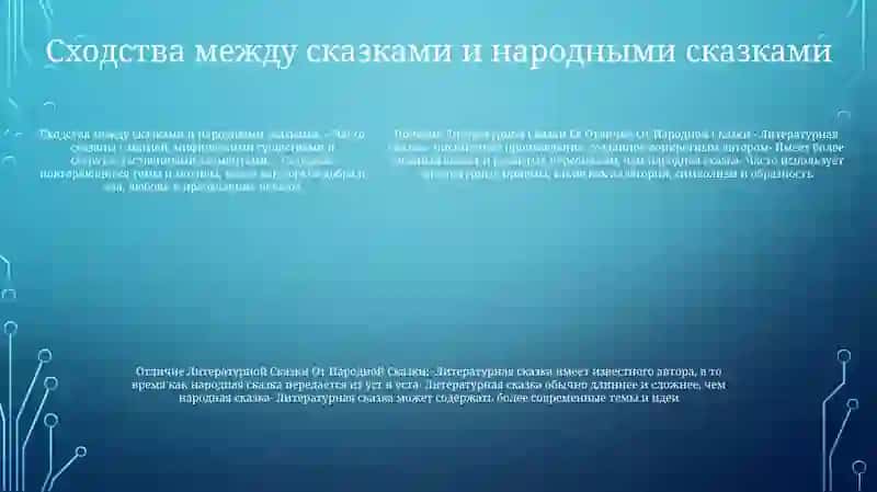 Литературная сказка: сказка, написанная конкретным автором, часто с более развитыми персонажами и сюжетами, чем традиционные народные сказки 4