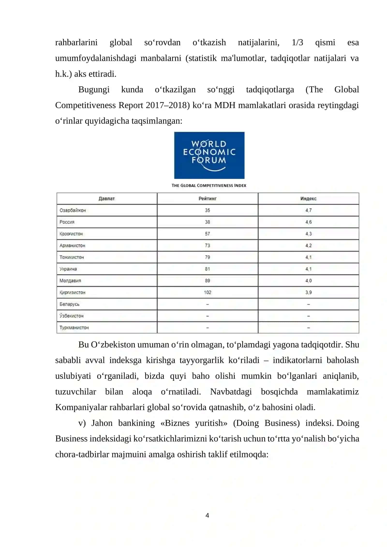 Iqtisodiy va ijtimoiy sohadagi ustuvor reytinglar va ularga O`zbekistonning integratsiyalashuvi 4