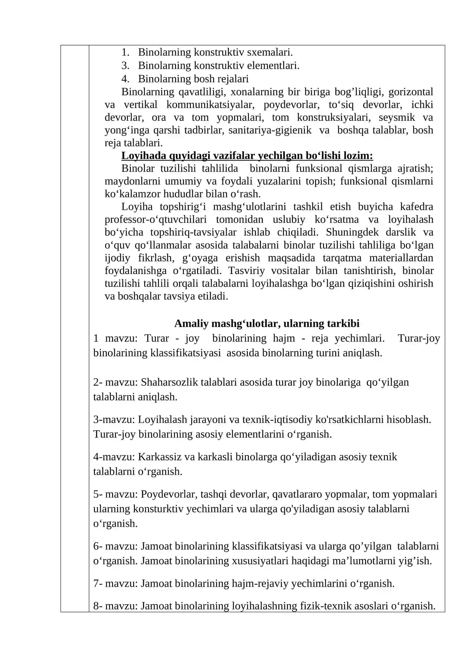 BINOLAR TUZILISHI TAHLILI fanining O’QUV DASTURI 4