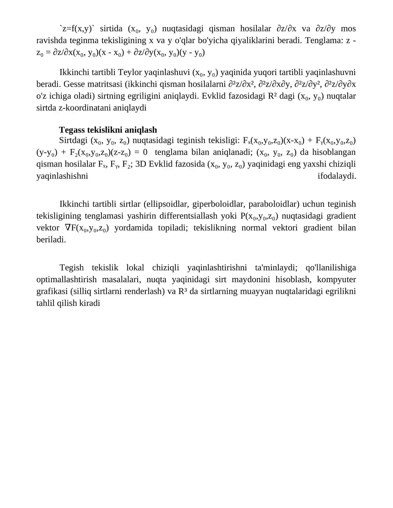 Ikkinchi tartibli sirtlarning urinma tekisligi 4