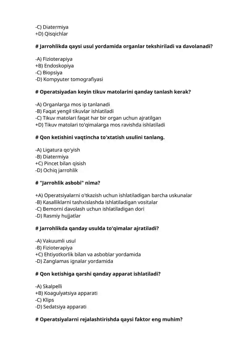 Operativ xirurgiya, Klinik anatomiya test, Davolash, Pediatriya, Stomatologiya, Farmatsiya, Oliy hamshiralik yo'nalishi uchun 4