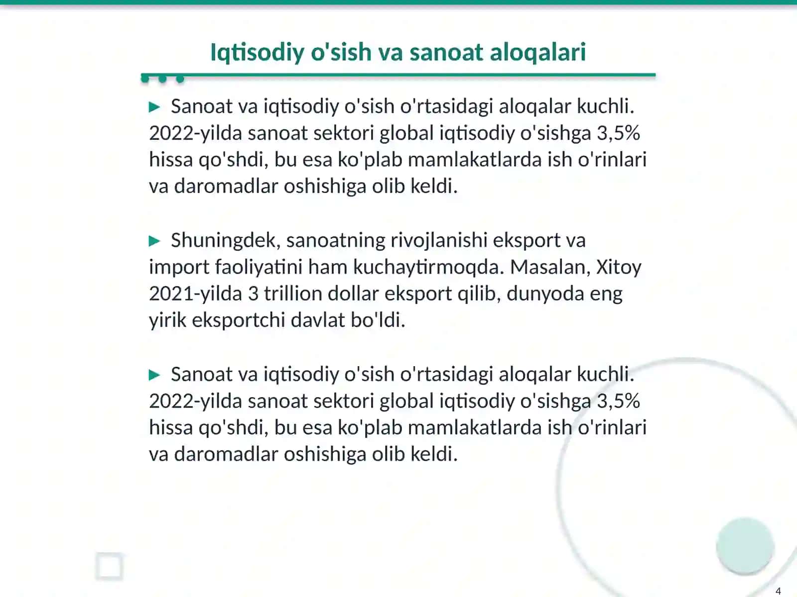 Global sanoatning rivojlanishi va iqtisodiy òsishni taminlash 4